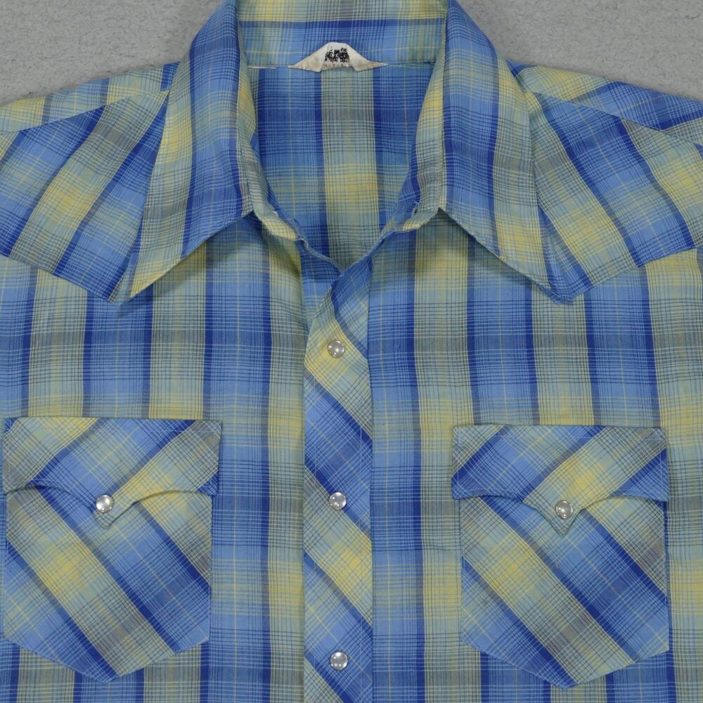Vtg Permanent Press Snap Shirt Mens Medium 17-34  Blue Dagger Collar Long Sleeve